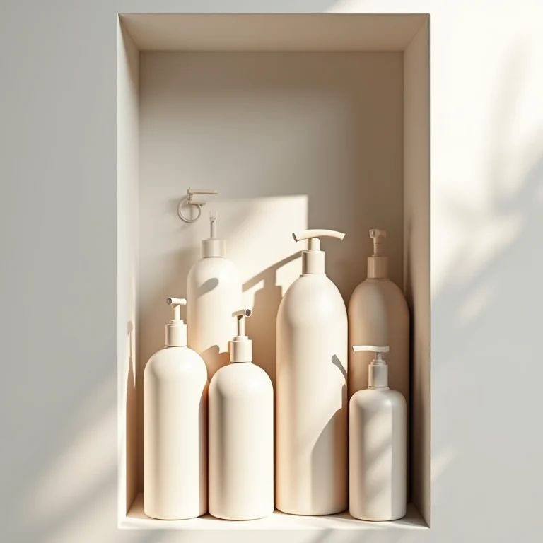 Variedade de shampoos e produtos de banho em nicho de parede