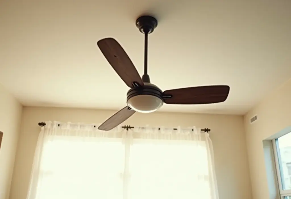 Ventilador de teto mal instalado com fios aparentes