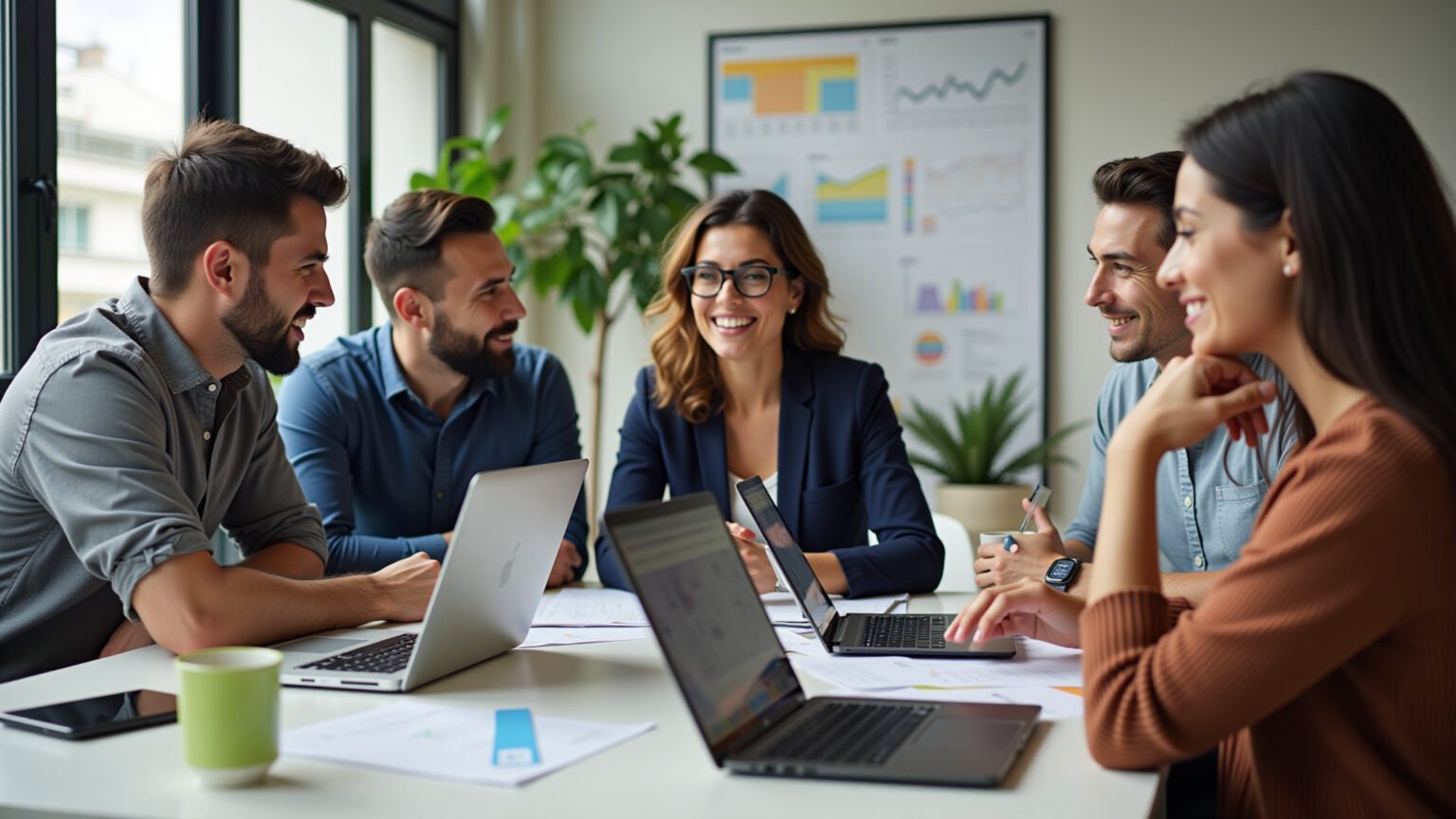 Equipe diversa de marketing digital brainstorming em escritório moderno.