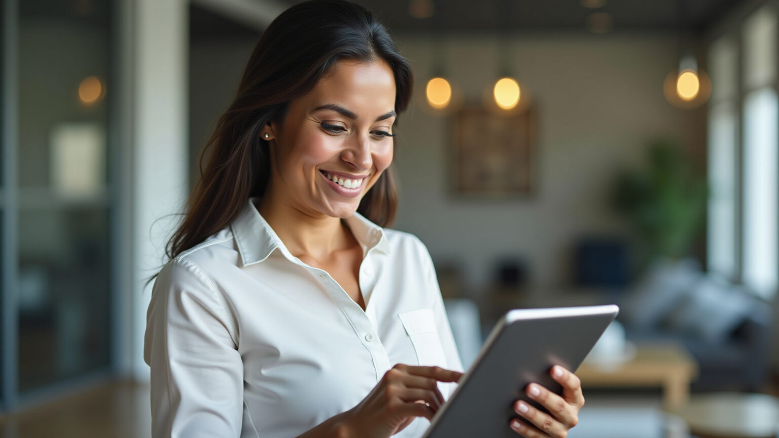 MEI e CNPJ: O segredo para economizar 40% no plano de saúde Empresária brasileira sorrindo, analisando opções de plano de saúde no tablet.